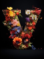 Letter V made of real natural flowers and leaves, on a black background. Spring, summer and valentines creative idea