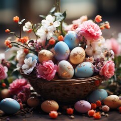 Fototapeta na wymiar A decorative basket with Easter eggs and flowers displayed on a table