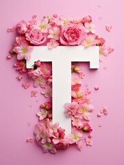 Letter T made of real natural flowers and leaves, on a pink background. Spring, summer and valentines creative idea.