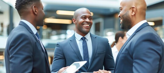 Cheerful business colleagues having a discussion about work on a tablet in a modern office setting