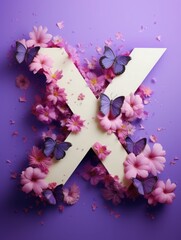 Letter X made of real natural flowers and leaves, on a violet background. Spring, summer and valentines creative idea.