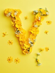 Letter V made of real natural flowers and leaves, on a yellow background. Spring, summer and valentines creative idea.