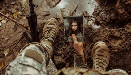 infantry forces military soldier dressed camouflage uniform and boots with Assault rifle sits in trench mud and looks at daughter portrait photo. Family values during terrible war battles concept. - obrazy, fototapety, plakaty