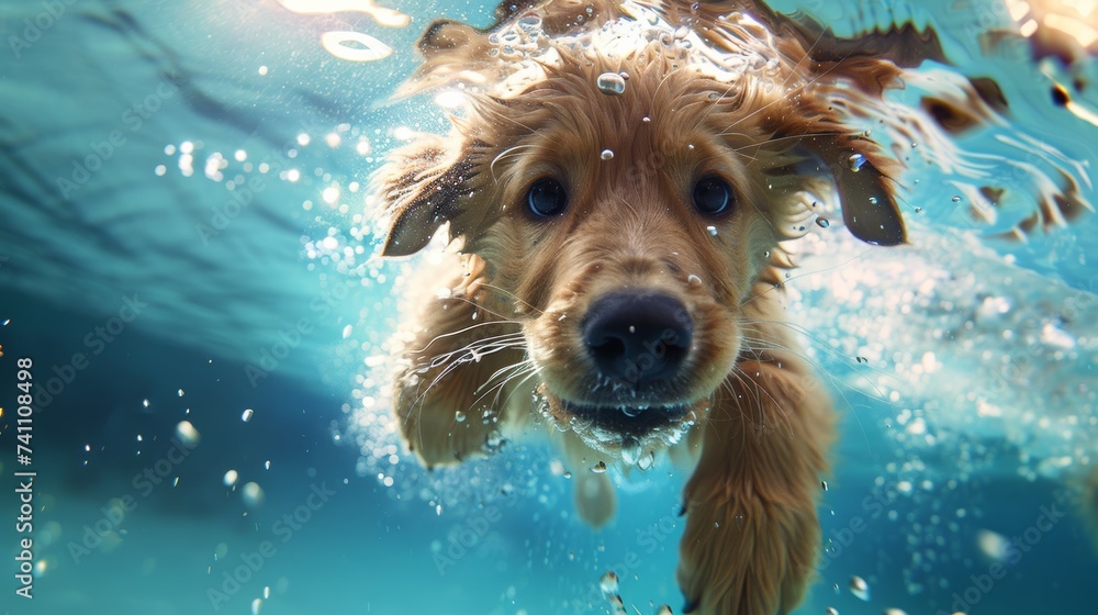 Wall mural Funny underwater picture of puppies in swimming pool playing deep dive action training game with family pets and popular dog breeds during summer holidays. recreation, relax