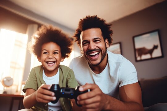 Fototapeta photograph of Happy ethnic family father and son playing video game console at home. telephoto lens daylight --ar 3:2 Job ID: cc885cb0-591c-4345-969a-5f02b723ae97