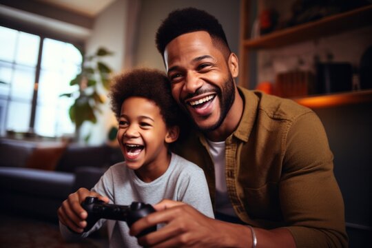 Fototapeta photograph of Happy ethnic family father and son playing video game console at home. telephoto lens daylight --ar 3:2 Job ID: cc885cb0-591c-4345-969a-5f02b723ae97