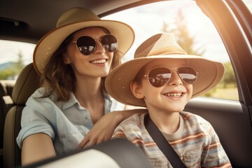 Travel vacation. Mother and child go on a summer trip in the car.