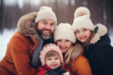 Family trip, happy family, father, mother and children amid winter nature.