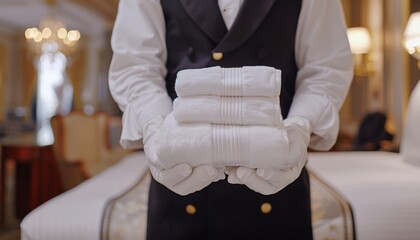 Professional chambermaid placing fresh towels in hotel room, copy space for text - obrazy, fototapety, plakaty