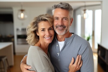 Fototapeta premium Romantic mature couple and woman hugging each other standing at home together looking at camera enjoying relationship in modern home living room.