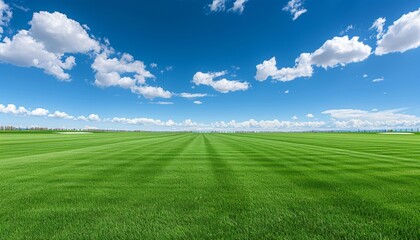 Fototapeta premium Panoramic view of lush green golf course field with beautiful scenery and rich turf grass.