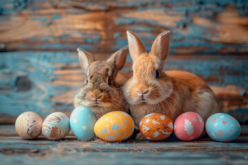 Easter background with eggs and bunnies. AI