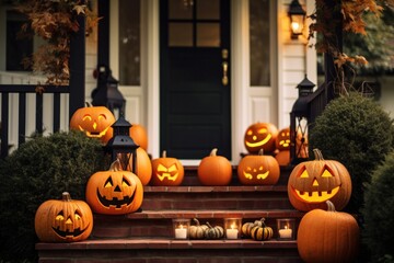 House decorated with orange pumpkins for Halloween