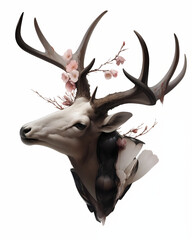 Surreal deer head with long antlers and twisted spring flowers.