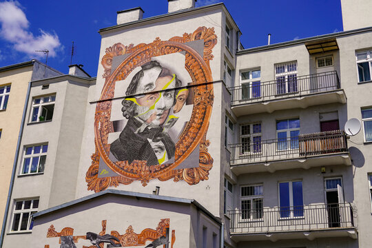  Warsaw Poland  9 june 2023 : Frederic Chopin museum and music institute building and street art