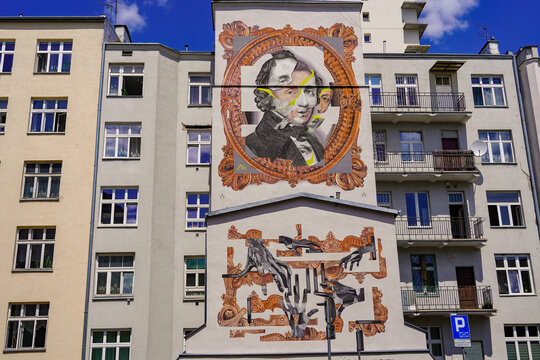  Warsaw Poland  9 june 2023 : Frederic Chopin museum and music institute building and street art