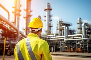 Refinery workers in protective clothing and yellow hard hats work in the petrochemical industry. Outdoors.
