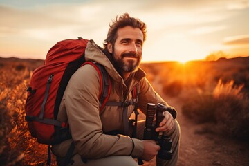 travel photographer With camera at sunset