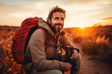 Obraz premium travel photographer With camera at sunset