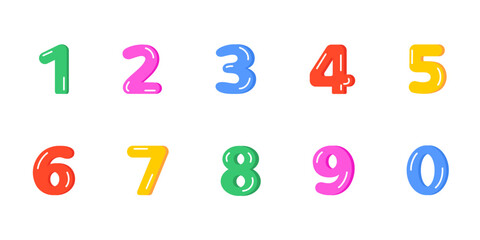 Bright multi-colored numbers from zero to nine for greeting, invitation cards and design. Vector set on white isolated background in cute childish flat style.