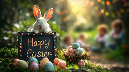 A white Easter bunny is in a natural setting, surrounded by Easter eggs and holding a black chalkboard that wishes ‘Happy Easter’, With with blurred children in the background.