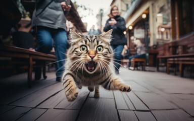Obraz premium A close-up photograph captures a cat dashing through the urban streets with agility and speed, amidst the bustling cityscape