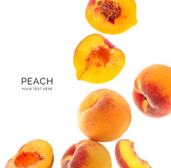 Creative layout made of peach on the white background. Flat lay. Food concept. Macro concept.