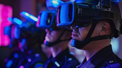 American police officers with virtual reality glasses in an office