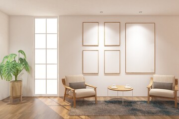 Scandinavian of interior library  with frame mock up on the wall. Design 3d rendering of white and wood. Design print for illustration, presentation, mock up, interior, zoom, background. Set 14