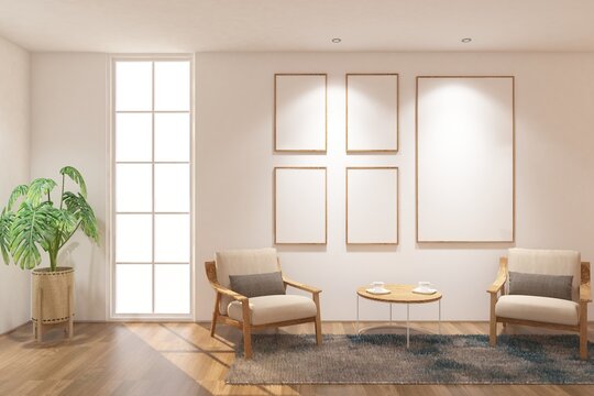 Scandinavian of interior library  with frame mock up on the wall. Design 3d rendering of white and wood. Design print for illustration, presentation, mock up, interior, zoom, background. Set 14