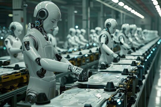 A robot is upright within a manufacturing facility, surrounded by industrial machinery and equipment.