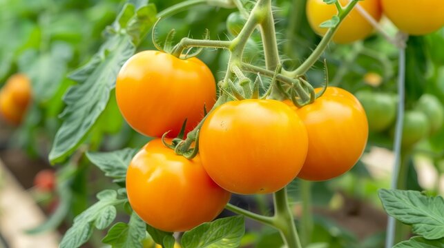 Organic agriculture  yellow tomatoes on bush in greenhouse with space for text placement