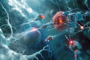 The concept of nanobot technology, tiny robots sent to eliminate viruses. Or cancer cells in a person's body. Futuristic 3D rendering. - obrazy, fototapety, plakaty