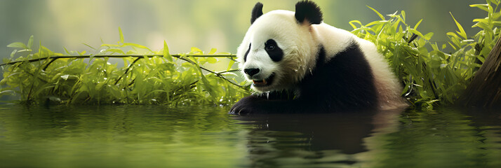 Adorable Giant Panda Enjoying a Bamboo Feast in its Natural Habitat: A tranquil moment in the Heart...