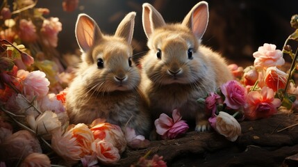 Two rabbits with long ears and whiskers sit on a branch amongst flowers