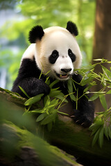 Adorable Giant Panda Enjoying a Bamboo Feast in its Natural Habitat: A tranquil moment in the Heart of the Bamboo Forest