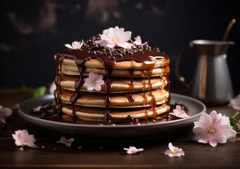 Divine Delicacy Indulgent Pancakes with Chocolate Elegance Pure Bliss Fluffy Pancakes Adorned with Chocolate Splendor