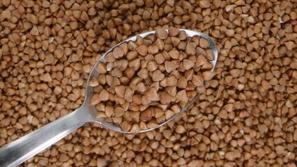 Buckwheat grains on a metal spoon viewed from above against a background of buckwheat, looped video as an advertising banner.