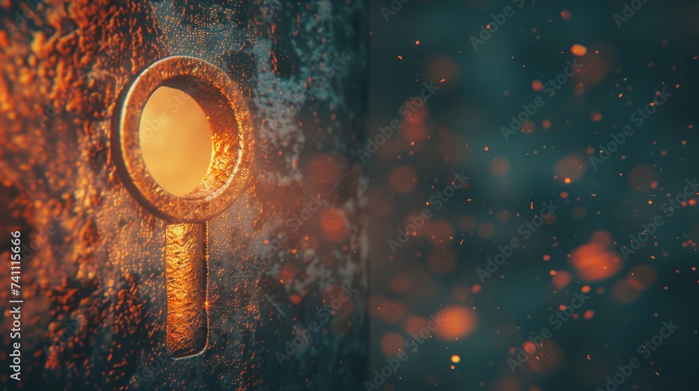 Poster mysterious keyhole illuminated by light on dark background with copy space for text