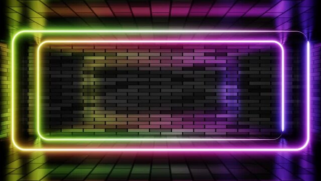 Double neon frame purple and green lights motion loops square on brick wall background 3d render. Neon speech bubble overlay. Text box design element. Seamless edging glow neon rectangle