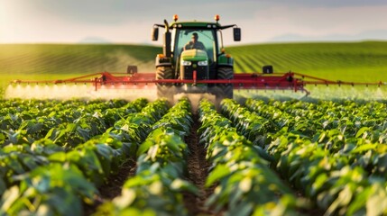 Agricultural tractor spraying pesticides on a lush soybean field during the farming season