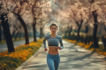 A young athletic girl runs in the spring against the backdrop of flowering trees on a blurred background