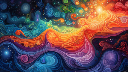 Bright and colorful art background with a psychedelic dreamscape theme. 