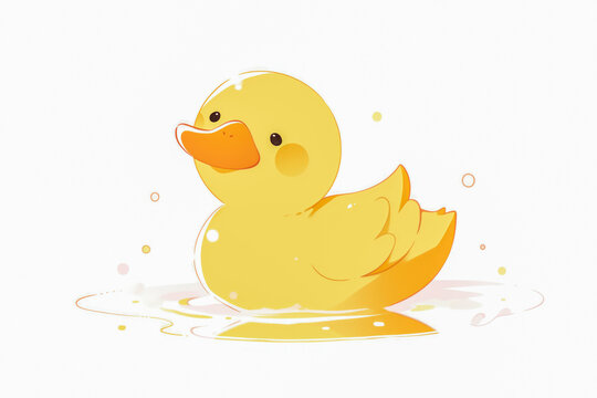 Cute yellow duckling swimming, drawn on a white background