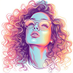 Cool girl with curly hair wearing glasses on white background