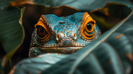 A striking reptile with vivid orange eyes camouflaged amongst lush green leaves, showcasing nature's artistry and the reptile's adaptive abilities. ai