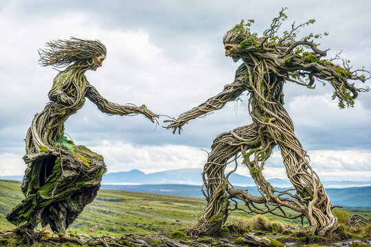 Ask and Embla, the first humans in Norse mythology, emerging from driftwood, myth, legend, Nordic
