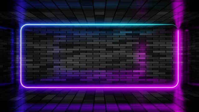 Neon frame purple and cyan lights motion loops square on brick wall background 3d render. Neon speech bubble overlay. Text box design element. Seamless edging glow neon rectangle