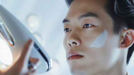Young Asian Man Applying Facial Skincare Product, Grooming Routine