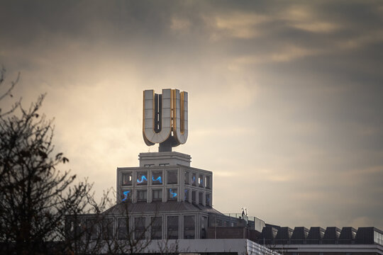 DORTMUND, GERMANY - NOVEMBER 5, 2022: Top of the Dortmunder U, also called Dortmund U Tower. It's a former breer transformed into a cultural venue and museum.